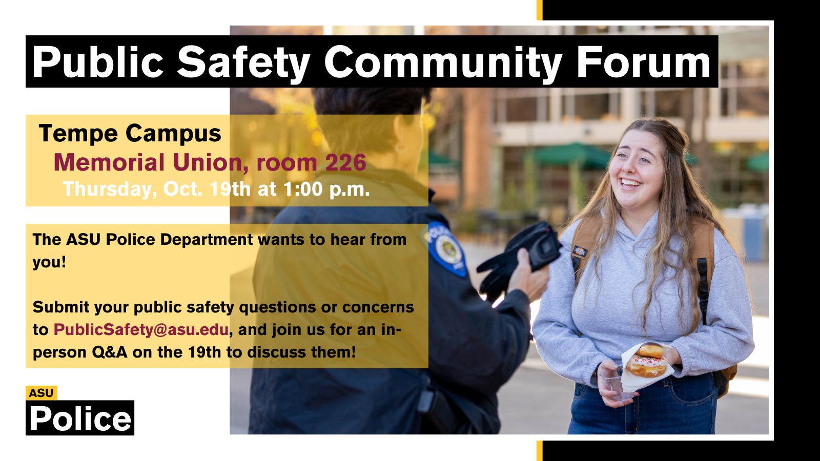 Flyer for Public Safety Community Form showing location at MU on October 19