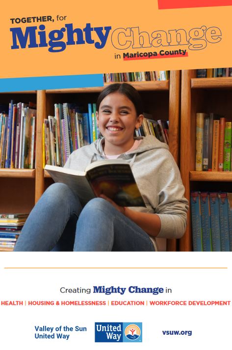 United Way Mighty Change Flyer showing girl sitting and holding a book